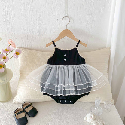 Cute Lace Trim Sleeveless Romper for Baby Girls, Summer Lightweight Onesie with Skirt Design